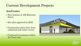 ArtsCenter
• New location at 400 Roberson
Street
• Site plan approved in 2022
• Construction plans have been
submitted and under review
• Continued investment within
the Town core
Current Development Projects
 