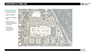 OVERVIEW & TIMELINE
University Place
• Originally built 1973
• Approx. 360,000 SF
• Acquired in December
2018
• Special Use Permit
modification approved
in June 2021
• Construction
commencement
October 2022
 
