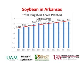 Soybean in Arkansas
1.963
2.18 2.125
2.48 2.565
2.348
2.627 2.53
2.68 2.65 2.71
0.0
0.5
1.0
1.5
2.0
2.5
3.0
2005 2006 2007 2008 2009 2010 2011 2012 2013 2014 2015
Total Irrigated Acres Planted
(Million Acres)
 