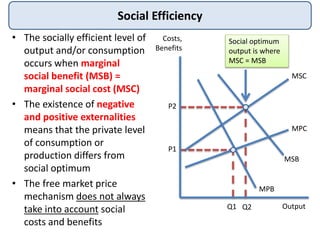 Social Efficiency
• The socially efficient level of
output and/or consumption
occurs when marginal
social benefit (MSB) =
marginal social cost (MSC)
• The existence of negative
and positive externalities
means that the private level
of consumption or
production differs from
social optimum
• The free market price
mechanism does not always
take into account social
costs and benefits
Output
P1
Q1
MPC
MSC
MPB
MSB
P2
Q2
Costs,
Benefits
Social optimum
output is where
MSC = MSB
 