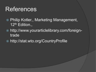 References
 Philip Kotler., Marketing Management,
12th Edition.,
 http://www.yourarticlelibrary.com/foreign-
trade
 http://stat.wto.org/CountryProfile
 