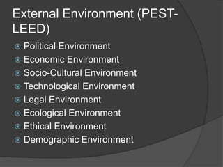 External Environment (PEST-
LEED)
 Political Environment
 Economic Environment
 Socio-Cultural Environment
 Technological Environment
 Legal Environment
 Ecological Environment
 Ethical Environment
 Demographic Environment
 