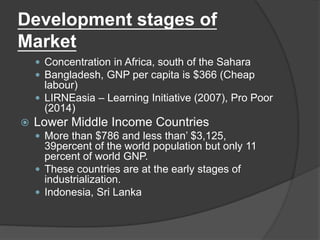Development stages of
Market
 Concentration in Africa, south of the Sahara
 Bangladesh, GNP per capita is $366 (Cheap
labour)
 LIRNEasia – Learning Initiative (2007), Pro Poor
(2014)
 Lower Middle Income Countries
 More than $786 and less than’ $3,125,
39percent of the world population but only 11
percent of world GNP.
 These countries are at the early stages of
industrialization.
 Indonesia, Sri Lanka
 