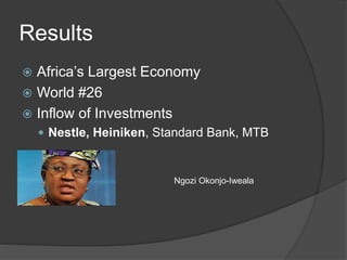Results
 Africa’s Largest Economy
 World #26
 Inflow of Investments
 Nestle, Heiniken, Standard Bank, MTB
Ngozi Okonjo-Iweala
 