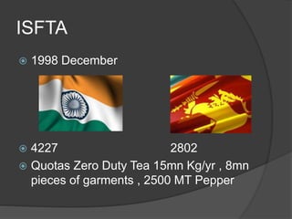 ISFTA
 1998 December
 4227 2802
 Quotas Zero Duty Tea 15mn Kg/yr , 8mn
pieces of garments , 2500 MT Pepper
 