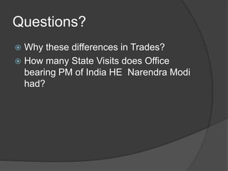 Questions?
 Why these differences in Trades?
 How many State Visits does Office
bearing PM of India HE Narendra Modi
had?
 