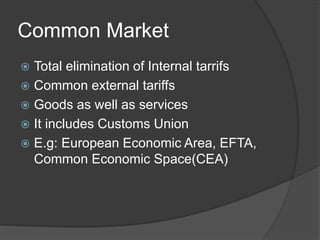 Common Market
 Total elimination of Internal tarrifs
 Common external tariffs
 Goods as well as services
 It includes Customs Union
 E.g: European Economic Area, EFTA,
Common Economic Space(CEA)
 