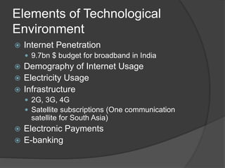 Elements of Technological
Environment
 Internet Penetration
 9.7bn $ budget for broadband in India
 Demography of Internet Usage
 Electricity Usage
 Infrastructure
 2G, 3G, 4G
 Satellite subscriptions (One communication
satellite for South Asia)
 Electronic Payments
 E-banking
 