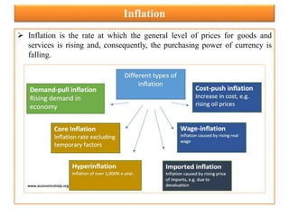 Inflation
 Inflation is the rate at which the general level of prices for goods and
services is rising and, consequently, the purchasing power of currency is
falling.
 