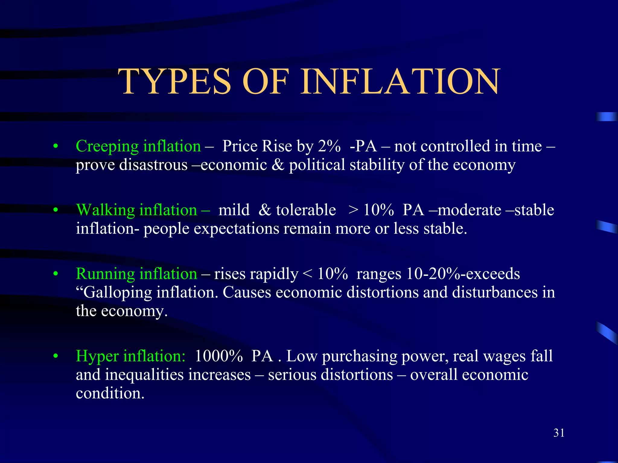 TYPES OF INFLATION
• Creeping inflation – Price Rise by 2% -PA – not controlled in time –
prove disastrous –economic & political stability of the economy
• Walking inflation – mild & tolerable > 10% PA –moderate –stable
inflation- people expectations remain more or less stable.
• Running inflation – rises rapidly < 10% ranges 10-20%-exceeds
“Galloping inflation. Causes economic distortions and disturbances in
the economy.
• Hyper inflation: 1000% PA . Low purchasing power, real wages fall
and inequalities increases – serious distortions – overall economic
condition.
31
 