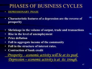 PHASES OF BUSINESS CYCLES
• DEPRESSIONARY PHASE
• Characteristic features of a depression are the reverse of
prosperity
• Shrinkage in the volume of output, trade and transactions
• Rise in the level of unemployment
• Price deflation
• Fall in aggregate income of the community
• Fall in the structure of interest rates.
• Contraction of bank credit
Prosperity - economic activity will be at its peak
Depression – economic activity is at its trough.
47
 