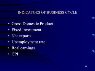 INDICATORS OF BUSINESS CYCLE
• Gross Domestic Product
• Fixed Investment
• Net exports
• Unemployment rate
• Real earnings
• CPI
49
 
