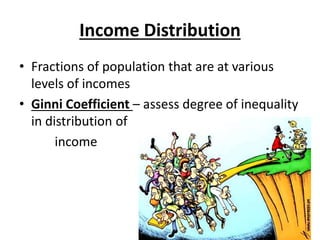 Income Distribution
• Fractions of population that are at various
levels of incomes
• Ginni Coefficient – assess degree of inequality
in distribution of
income
 