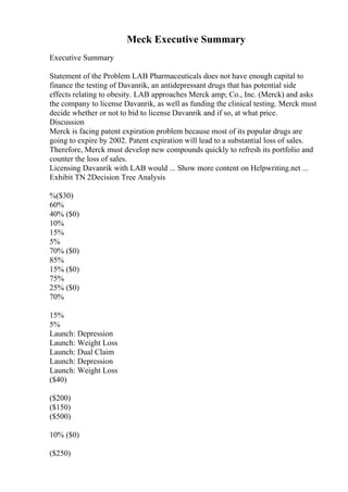Meck Executive Summary
Executive Summary
Statement of the Problem LAB Pharmaceuticals does not have enough capital to
finance the testing of Davanrik, an antidepressant drugs that has potential side
effects relating to obesity. LAB approaches Merck amp; Co., Inc. (Merck) and asks
the company to license Davanrik, as well as funding the clinical testing. Merck must
decide whether or not to bid to license Davanrik and if so, at what price.
Discussion
Merck is facing patent expiration problem because most of its popular drugs are
going to expire by 2002. Patent expiration will lead to a substantial loss of sales.
Therefore, Merck must develop new compounds quickly to refresh its portfolio and
counter the loss of sales.
Licensing Davanrik with LAB would ... Show more content on Helpwriting.net ...
Exhibit TN 2Decision Tree Analysis
%($30)
60%
40% ($0)
10%
15%
5%
70% ($0)
85%
15% ($0)
75%
25% ($0)
70%
15%
5%
Launch: Depression
Launch: Weight Loss
Launch: Dual Claim
Launch: Depression
Launch: Weight Loss
($40)
($200)
($150)
($500)
10% ($0)
($250)
 