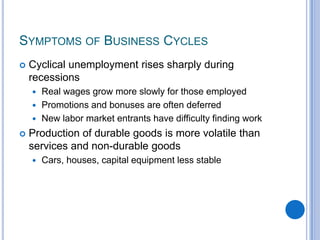 SYMPTOMS OF BUSINESS CYCLES
 Cyclical unemployment rises sharply during
recessions
 Real wages grow more slowly for those employed
 Promotions and bonuses are often deferred
 New labor market entrants have difficulty finding work
 Production of durable goods is more volatile than
services and non-durable goods
 Cars, houses, capital equipment less stable
 