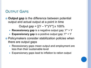 OUTPUT GAPS
 Output gap is the difference between potential
output and actual output at a point in time
Output gap = [(Y – Y*)/Y*] x 100%
 Recessionary gap is a negative output gap; Y* > Y
 Expansionary gap is a positive output gap; Y* < Y
 Policymakers consider stabilization policies when
there are output gaps
 Recessionary gaps mean output and employment are
less than their sustainable level
 Expansionary gaps lead to inflation to ration output
 