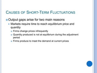 CAUSES OF SHORT-TERM FLUCTUATIONS
 Output gaps arise for two main reasons
 Markets require time to reach equilibrium price and
quantity
 Firms change prices infrequently
 Quantity produced is not at equilibrium during the adjustment
period
 Firms produce to meet the demand at current prices
 