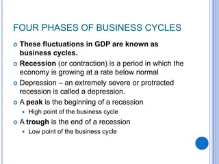 FOUR PHASES OF BUSINESS CYCLES
 These fluctuations in GDP are known as
business cycles.
 Recession (or contraction) is a period in which the
economy is growing at a rate below normal
 Depression – an extremely severe or protracted
recession is called a depression.
 A peak is the beginning of a recession
 High point of the business cycle
 A trough is the end of a recession
 Low point of the business cycle
 