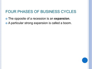 FOUR PHASES OF BUSINESS CYCLES
 The opposite of a recession is an expansion.
 A particular strong expansion is called a boom.
 