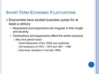 SHORT-TERM ECONOMIC FLUCTUATIONS
 Economists have studied business cycles for at
least a century
 Recessions and expansions are irregular in their length
and severity
 Contractions and expansions affect the entire economy
 May have global impact
 Great Depression of the 1930s was worldwide
 US recessions of 1973 – 1975 and 1981 – 1982
 East Asian slowdown in the late 1990s
 