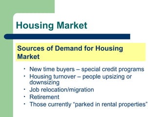 Housing Market

Sources of Demand for Housing
Market
 •   New time buyers – special credit programs
 •   Housing turnover – people upsizing or
     downsizing
 •   Job relocation/migration
 •   Retirement
 •   Those currently “parked in rental properties”
 