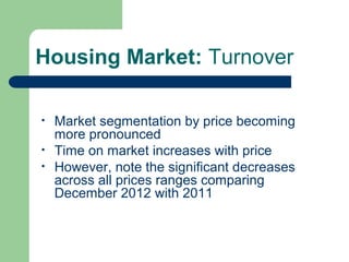 Housing Market: Turnover

•   Market segmentation by price becoming
    more pronounced
•   Time on market increases with price
•   However, note the significant decreases
    across all prices ranges comparing
    December 2012 with 2011
 