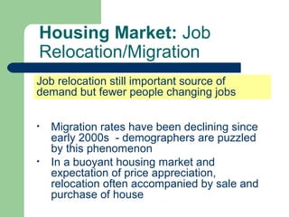 Housing Market: Job
Relocation/Migration
Job relocation still important source of
demand but fewer people changing jobs

•   Migration rates have been declining since
    early 2000s - demographers are puzzled
    by this phenomenon
•   In a buoyant housing market and
    expectation of price appreciation,
    relocation often accompanied by sale and
    purchase of house
 