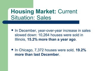 Housing Market: Current
Situation: Sales
 In  December, year-over-year increase in sales
  slowed down: 10,264 houses were sold in
  Illinois, 15.2% more than a year ago.

 In
   Chicago, 7,372 houses were sold, 19.2%
  more than last December.
 