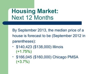 Housing Market:
Next 12 Months
By September 2013, the median price of a
house is forecast to be (September 2012 in
parentheses):
• $140,423 ($138,000) Illinois
  (+1.75%)
• $166,045 ($160,000) Chicago PMSA
  (+3.7%)
 