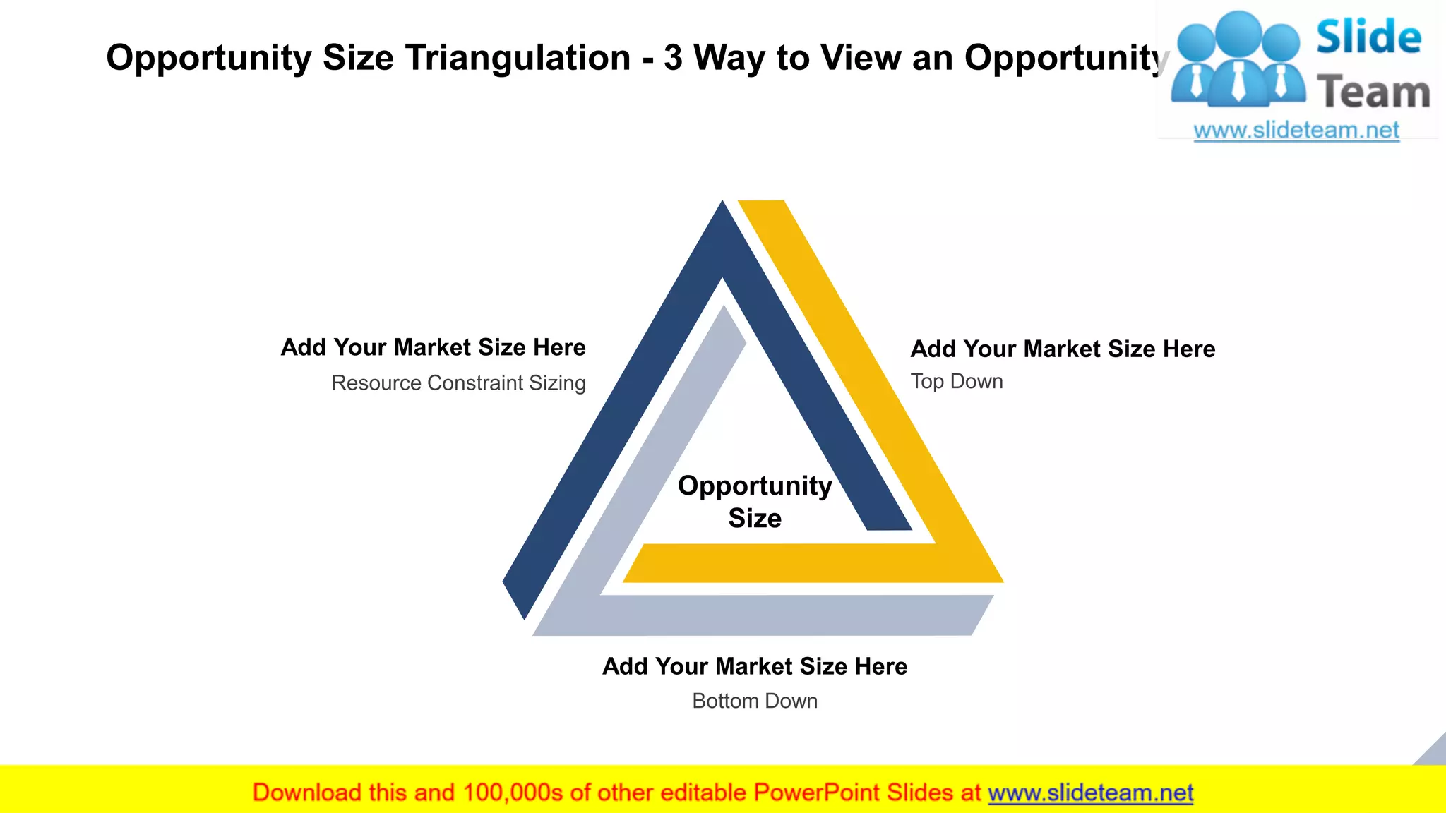Opportunity Size Triangulation - 3 Way to View an Opportunity
10
Add Your Market Size Here
Top Down
Bottom Down
Add Your Market Size Here
Add Your Market Size Here
Resource Constraint Sizing
Opportunity
Size
This slide is 100% editable. Adapt it to your needs and capture your audience's attention.
 