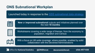 ONS Subnational Workplan
Launched today in response to the GSS subnational data strategy
New or improved subnational outpu...