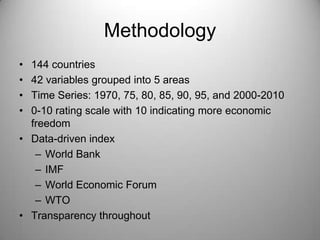 Methodology
• 144 countries
• 42 variables grouped into 5 areas
• Time Series: 1970, 75, 80, 85, 90, 95, and 2000-2010
• 0-10 rating scale with 10 indicating more economic
  freedom
• Data-driven index
   – World Bank
   – IMF
   – World Economic Forum
   – WTO
• Transparency throughout
 