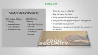 Solutions:
• Stem the loss of wetlands
• Combat desertification
• Mitigate the effects of drought
• Integrated land use planning and management
• Sustainable development
• Recognize, maintain and develop the benefits of
ecosystem
 
