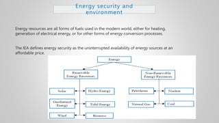 Energy security and
environment
Energy resources are all forms of fuels used in the modern world, either for heating,
generation of electrical energy, or for other forms of energy conversion processes.
The IEA defines energy security as the uninterrupted availability of energy sources at an
affordable price.
 