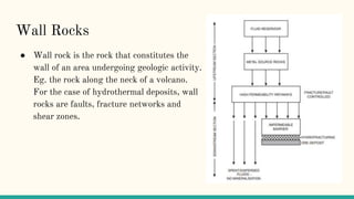 Wall Rocks
● Wall rock is the rock that constitutes the
wall of an area undergoing geologic activity.
Eg. the rock along the neck of a volcano.
For the case of hydrothermal deposits, wall
rocks are faults, fracture networks and
shear zones.
 
