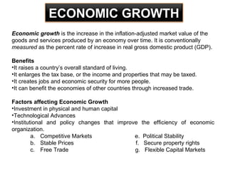 ECONOMIC GROWTH
Economic growth is the increase in the inflation-adjusted market value of the
goods and services produced by an economy over time. It is conventionally
measured as the percent rate of increase in real gross domestic product (GDP).
Benefits
•It raises a country’s overall standard of living.
•It enlarges the tax base, or the income and properties that may be taxed.
•It creates jobs and economic security for more people.
•It can benefit the economies of other countries through increased trade.
Factors affecting Economic Growth
•Investment in physical and human capital
•Technological Advances
•Institutional and policy changes that improve the efficiency of economic
organization.
a. Competitive Markets e. Political Stability
b. Stable Prices f. Secure property rights
c. Free Trade g. Flexible Capital Markets
 