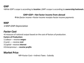 GNP
•While GDP’s scope is according to location ,GNP’s scope is according to ownership/nationals.

GNP=GDP + Net factor income from abroad
Net factor income =Factor income receipts-Factor income payments

NNP
NNP=GNP-Depreciation

Factor Cost
•A measure of national output based on the cost of factors of production.
Factors of Production:
1.Labour----receive wages
2.Land------receive rent
3.Capital---receive interest
4.Enterpreneur----receive profits

Market Price
MP=Factor Cost + Indirect Taxes - Subsidy

 