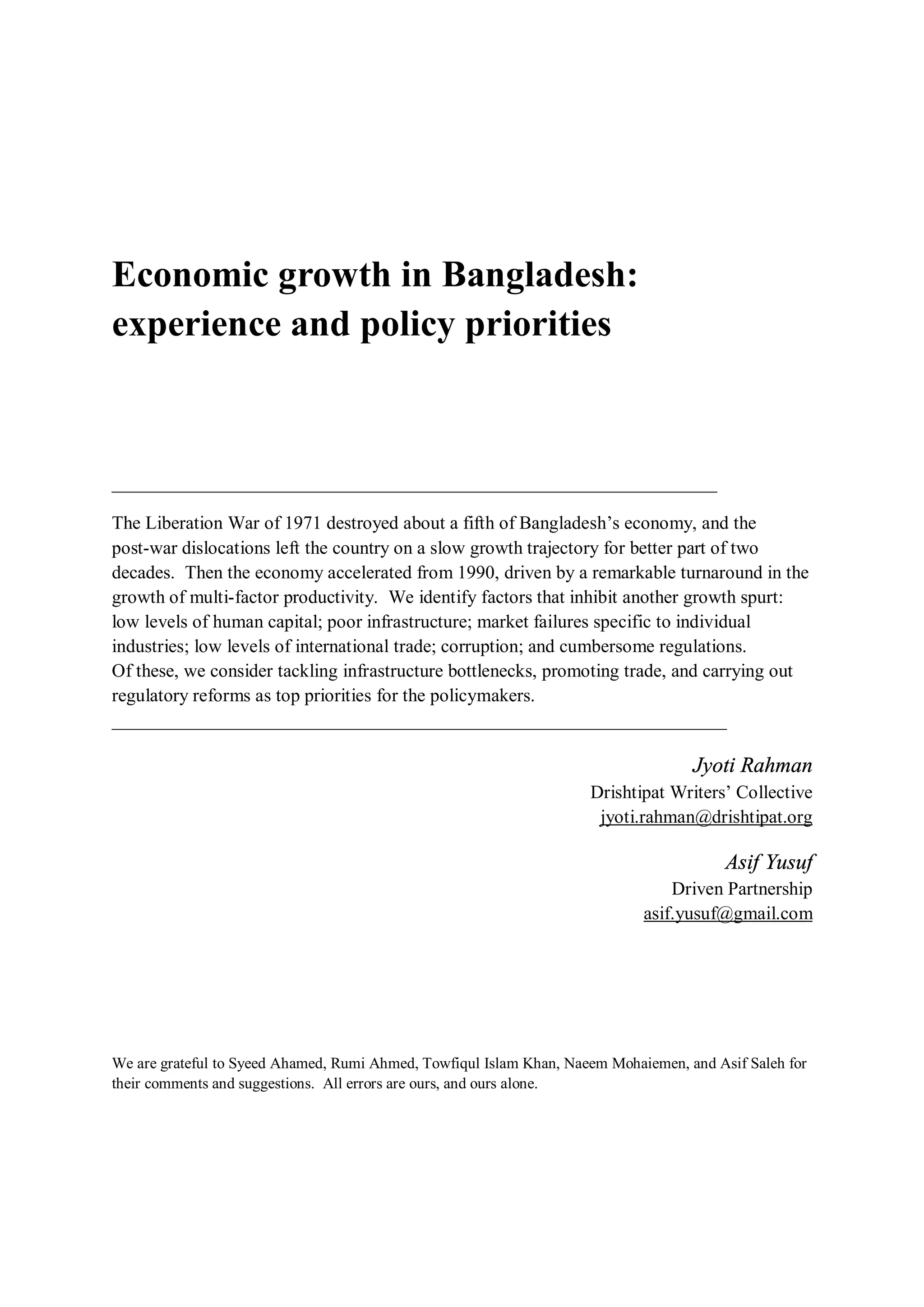 Economic growth in bangladesh experience and policy priorities | PDF