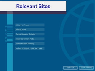 Relevant Sites BACK TO CONTENTS Ministry of Finance Bank of Israel Central Bureau of Statistics Israeli Government Portal Israel Securities Authority Ministry of Industry, Trade and Labor CONTACT US 