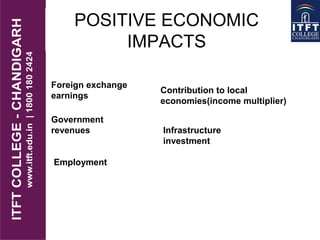 POSITIVE ECONOMIC
IMPACTS
Foreign exchange
earnings
Government
revenues
Employment
Infrastructure
investment
Contribution to local
economies(income multiplier)
 