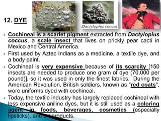 12. DYE
 Cochineal is a scarlet pigment extracted from Dactylopius
coccus, a scale insect that lives on prickly pear cacti in
Mexico and Central America.
 First used by Aztec Indians as a medicine, a textile dye, and
a body paint.
 Cochineal is very expensive because of its scarcity [150
insects are needed to produce one gram of dye (70,000 per
pound)], so it was used in only the finest fabrics. During the
American Revolution, British soldiers, known as "red coats",
wore uniforms dyed with cochineal.
 Today, the textile industry has largely replaced cochineal with
less expensive aniline dyes, but it is still used as a coloring
agent in foods, beverages, cosmetics (especially
lipsticks), and art products.
 