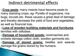 1.Crop pests: many insects have become pests to
many standing crops, eg- Pyrella of sugarcane, rice
bugs, locusts etc. these causes a great deal of damage
and thereby decrease the yield of food and vegetables,
as well as financial loss.
2.Loss of wooden building materials and furnitures:
termites with cellulase.
3.Damage of household goods: cockroaches and
crickets damage cotton cloth, woollen garments etc.
4.Damage of stored grains: beetles and weevils
damage the grains stored by the humans.
 
