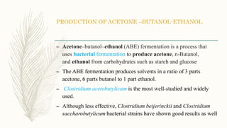 PRODUCTION OF ACETONE –BUTANOL-ETHANOL
– Acetone–butanol–ethanol (ABE) fermentation is a process that
uses bacterial fermentation to produce acetone, n-Butanol,
and ethanol from carbohydrates such as starch and glucose
– The ABE fermentation produces solvents in a ratio of 3 parts
acetone, 6 parts butanol to 1 part ethanol.
– Clostridium acetobutylicum is the most well-studied and widely
used.
– Although less effective, Clostridium beijerinckii and Clostridium
saccharobutylicum bacterial strains have shown good results as well
 