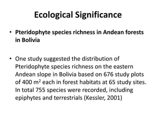 Ecological Significance
• Pteridophyte species richness in Andean forests
in Bolivia
• One study suggested the distribution of
Pteridophyte species richness on the eastern
Andean slope in Bolivia based on 676 study plots
of 400 m2 each in forest habitats at 65 study sites.
In total 755 species were recorded, including
epiphytes and terrestrials (Kessler, 2001)
 