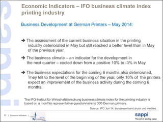 | Economic Indicators |23
Economic Indicators – IFO business climate index
printing industry
The IFO-Institut für Wirtschaftsforschung business climate index for the printing industry is
based on a monthly representative questionnaire to 300 German printers.
Business Development at German Printers – May 2014:
 The assessment of the current business situation in the printing
industry deteriorated in May but still reached a better level than in May
of the previous year.
 The business climate – an indicator for the development in
the next quarter – cooled down from a positive 10% to -3% in May.
 The business expectations for the coming 6 months also deteriorated.
They fell to the level of the beginning of the year, only 10% of the printers
expect an improvement of the business activity during the coming 6
months.
Source: IFO Jun 14, bundesverband druck und medien
 