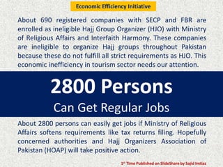 2800 Persons
Can Get Regular Jobs
About 690 registered companies with SECP and FBR are
enrolled as ineligible Hajj Group Organizer (HJO) with Ministry
of Religious Affairs and Interfaith Harmony. These companies
are ineligible to organize Hajj groups throughout Pakistan
because these do not fulfill all strict requirements as HJO. This
economic inefficiency in tourism sector needs our attention.
About 2800 persons can easily get jobs if Ministry of Religious
Affairs softens requirements like tax returns filing. Hopefully
concerned authorities and Hajj Organizers Association of
Pakistan (HOAP) will take positive action.
1st Time Published on SlideShare by Sajid Imtiaz
Economic Efficiency Initiative
 