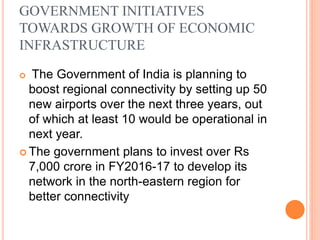 GOVERNMENT INITIATIVES
TOWARDS GROWTH OF ECONOMIC
INFRASTRUCTURE
 The Government of India is planning to
boost regional connectivity by setting up 50
new airports over the next three years, out
of which at least 10 would be operational in
next year.
 The government plans to invest over Rs
7,000 crore in FY2016-17 to develop its
network in the north-eastern region for
better connectivity
 