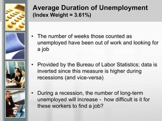 Average Duration of Unemployment
(Index Weight = 3.61%)
• The number of weeks those counted as
unemployed have been out of work and looking for
a job
• Provided by the Bureau of Labor Statistics; data is
inverted since this measure is higher during
recessions (and vice-versa)
• During a recession, the number of long-term
unemployed will increase - how difficult is it for
these workers to find a job?
 