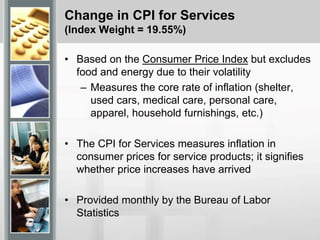 Change in CPI for Services
(Index Weight = 19.55%)
• Based on the Consumer Price Index but excludes
food and energy due to their volatility
– Measures the core rate of inflation (shelter,
used cars, medical care, personal care,
apparel, household furnishings, etc.)
• The CPI for Services measures inflation in
consumer prices for service products; it signifies
whether price increases have arrived
• Provided monthly by the Bureau of Labor
Statistics
 