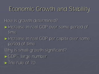Economic Growth and Stability
How is growth determined?
► Increase in real GDP over some period of
  time
► Increase in real GDP per capita over some
  period of time
Why is small growth significant?
► GDP= large number
► The rule of 70
 